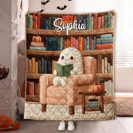 Discover Custom Ghost Reading Book Quilt Blanket, Cute Halloween Bookworm Throw Blanket, Custom Cozy Fall Blanket for Book Lovers and Readers
