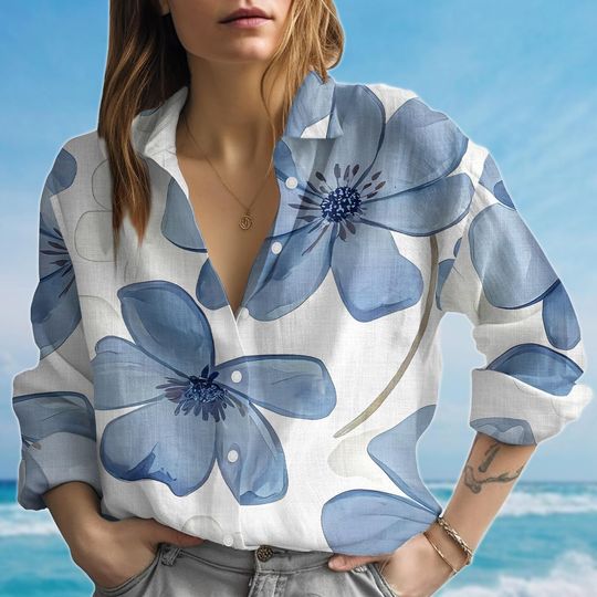 Discover Bold Blue Floral Blouse Shirt For Women, Flower Button Down Blouse, Lightweight Casual Vacation Top, Summer Vibes Shirt, Gift For Her