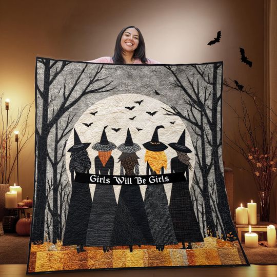 Discover Halloween Witch Friends Quilt Blanket, Girls Will Be Girls Witches Under Full Moon Design, Spooky Cozy Fall Throw, Gothic Home Decor Gift