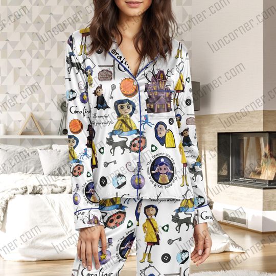 Coraline Movie Pajama Set for Adults, Spooky Cartoon Sleepwear, Halloween Costume Lounge Set, Cute Nightwear Gift