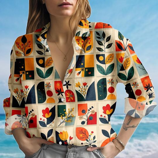 Discover Retro Abstract Floral Blouse Shirt, Vintage Mod Casual Women’s Shirt
