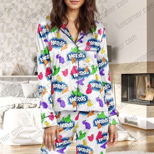 Discover Nerds Candy Pajama Set - Colorful Sleepwear for Adults, Retro Matching Family PJs, Halloween Loungewear
