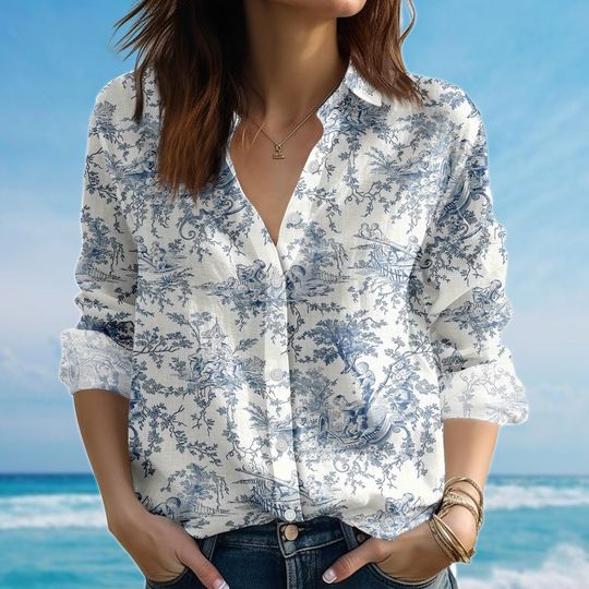 Discover French Toile Blouse for Women, Vintage Blue and White Button Shirt