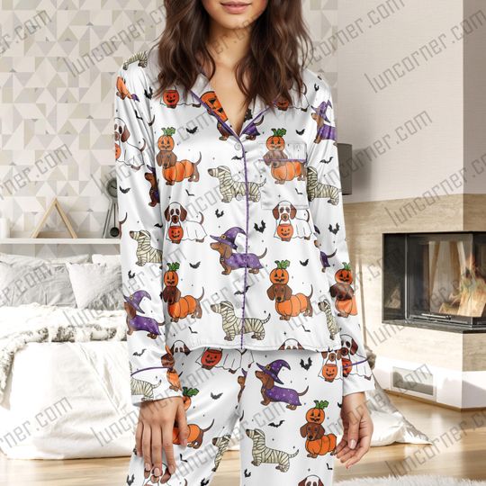 Halloween Dachshund Pajamas Set with Ghost Dog & Pumpkin Print