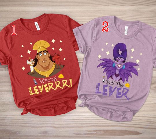 Retro 90s Krock and Yzma Pull The Lever Wrong Level Couple T-shirt, The Emperor's New Groove, Disney Villains Tee, Disneyland Couple Shirts