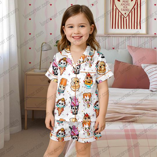 Discover Kids Halloween Short Pajama Set with Ice Cream Print and Pockets, Spooky Cartoon Sleepwear for Girls & Boys, Fall Cozy Nightwear