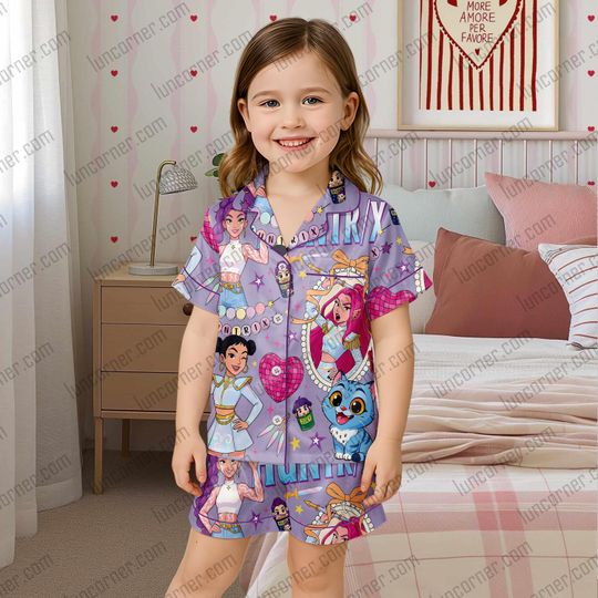Huntrix Kpop Demon Hunters Girls Kids Pajamas Set, Cute Sleepwear with Pocket, Cartoon Character Nightwear, Matching Loungewear