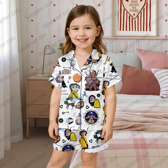 Coraline Movie Pajamas for Kids, Short Sleepwear Set with Pocket, Spooky Cartoon Halloween Nightwear
