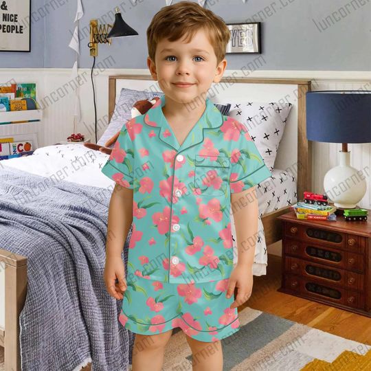 Abby Saja Boys Floral Short Pajama Set with Pocket, Kpop-Inspired Toddler Aloha Shirt, Halloween Costume