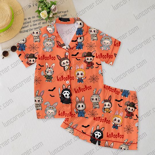 Labubu Kids Halloween Pajamas Set, Short Pajamas with Pocket, Cute Cartoon Sleepwear, Orange and White PJs, Holiday Gift