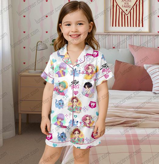Saja Boys K-pop Pajama Set with Pocket, Cute Cartoon Sleepwear for Kids, Retro Anime Style PJs