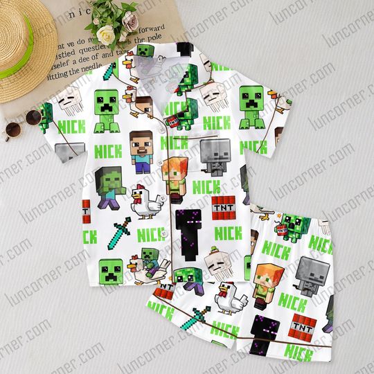 Minecraft Kids Short Pajamas Set with Pocket, Personalized Sleepwear, Cartoon Name Print, Custom Birthday Gift