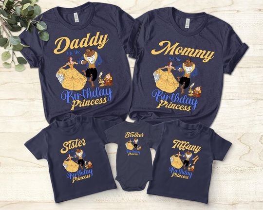 Discover Personalized Disney Princess Belle Birthday T-Shirt, Beauty Beast Family Birthday Party, Custom Name Kids Dad Mom Birthday Girl Shirt Gift