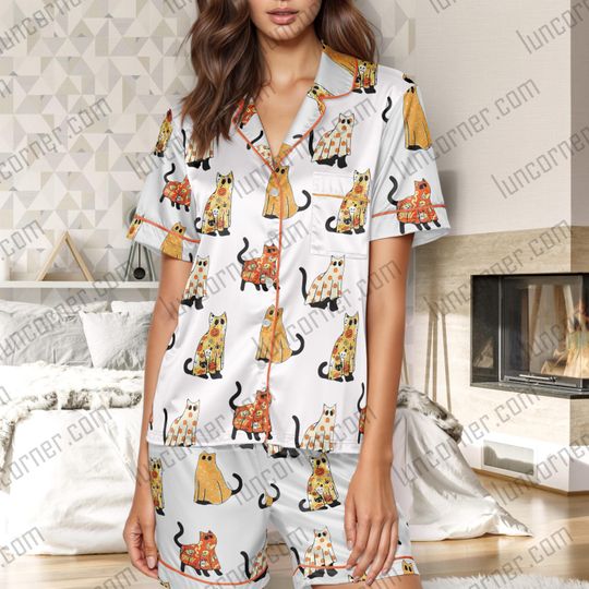 Halloween Cat Pajamas Set  Cute Sleepwear for Women, Spooky Kitty PJs Short Set, Fall Loungewear Gift