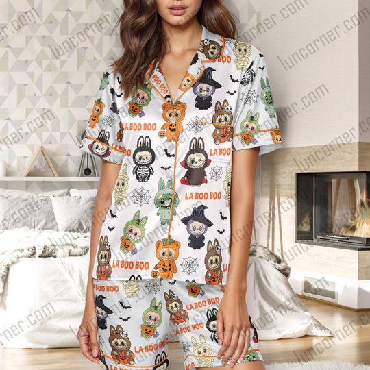 Labubu Halloween Pajamas Set  Cute Cartoon Sleepwear for Adults, Spooky Matching PJs