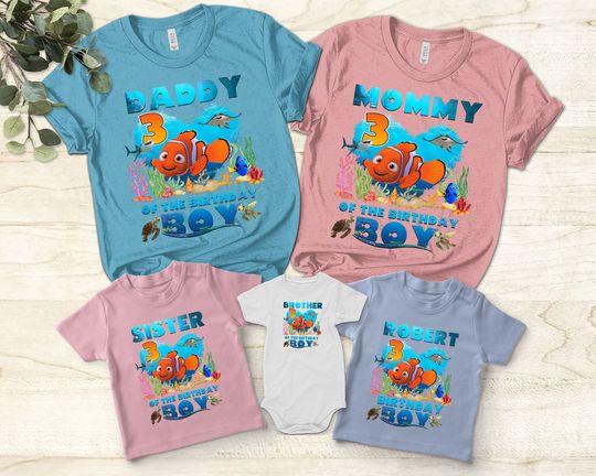Personalized Finding Nemo Birthday Shirt, Custom Dad Mom Name Age Kid Nemo T-Shirt, Disney Finding Nemo Shirt, Nemo Squirt Ray Bruce Crush