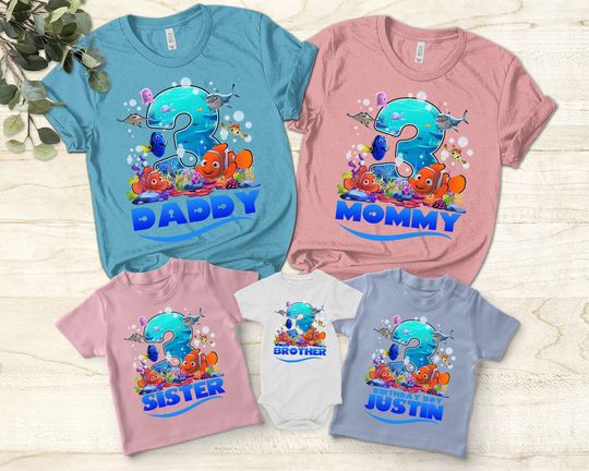 Personalized Finding Nemo Fish Birthday Unisex T-shirt, Custom Name Age Matching Family T-Shirt, Clownfish Birthday Shirt For Boy Girl