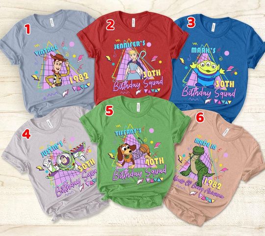 Characters Toy Birthday Family matching Shirts, Custom Retro 90s Characters Toys Birthday Shirt Woody Bo Peep Buzz Lightyear Hamm