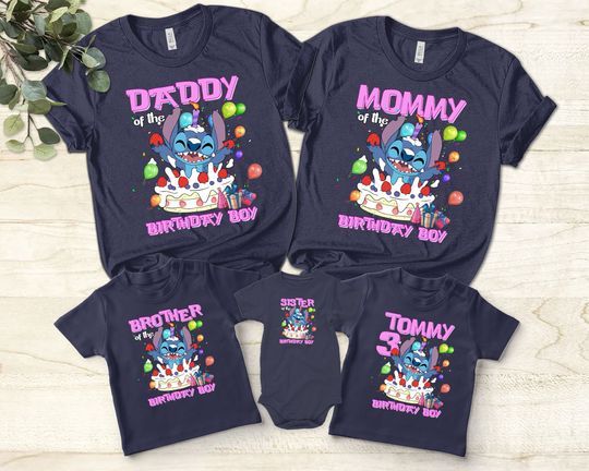 Discover Custom Stitch Daddy Mommy Of The Birthday Boy Shirt, Personalized Disney Stitch Birthday Unisex T-shirt, Disney Family Birthday Shirt Gift