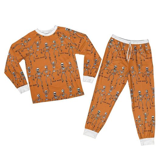 Spooky skeletons with a name Pajamas Set, Hallothanksmas Halloween Thanksgiving Raglan Pajamas Set for Family  Thanksgiving Gift Pajama Set