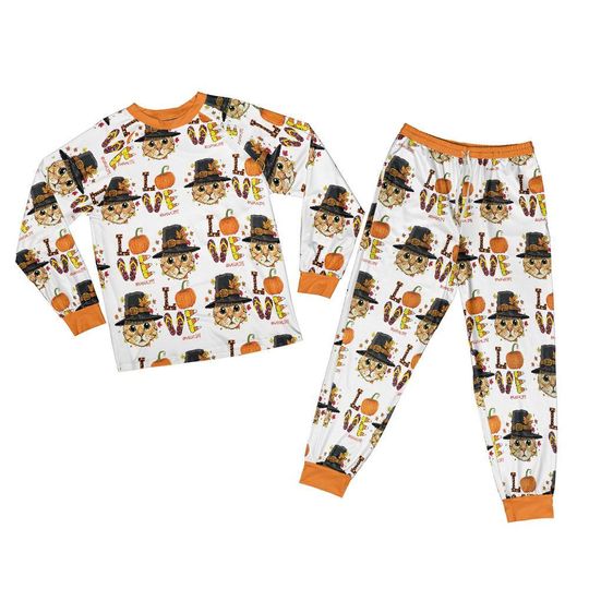 Love Nana life Cute Pumpkin Pajamas, Raglan Pajamas Set for Mom and Kid's  Thanksgiving Cat Pilgrim Costume Thanksgiving Gift Pajama Set