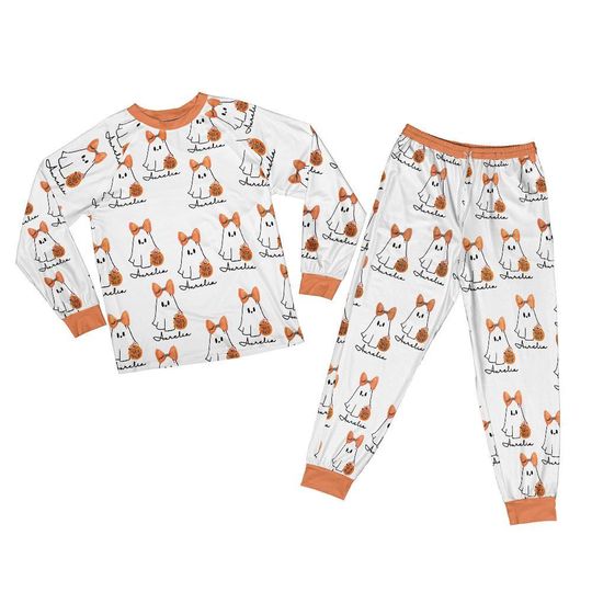 Custom name Halloween Pajama Set, Cute Ghost Pumpkin Bat Sleepwear, Spooky Fall Loungewear, Holiday Themed Matching PJs, Cozy Season Pajamas