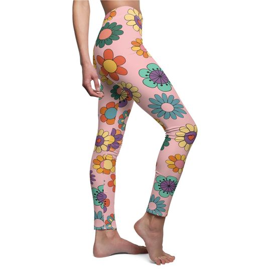 Discover Retro Groovy Butterfly and Flower Leggings in Pink