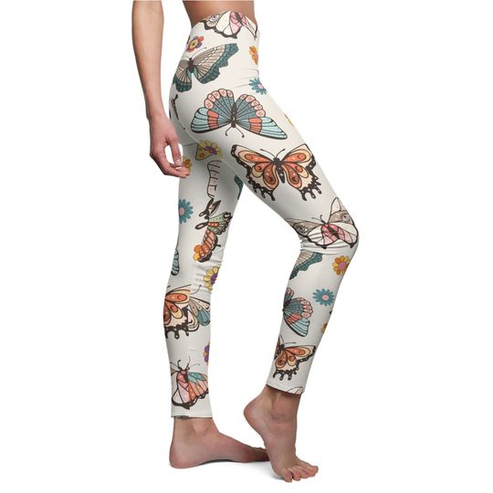 Discover Retro Butterfly Floral Leggings in Cream