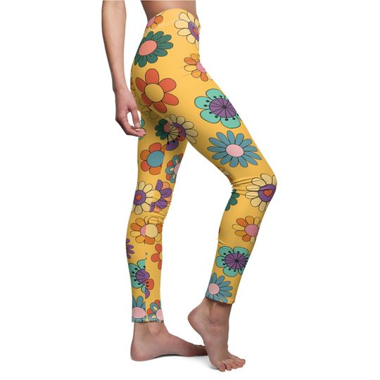 Discover Retro Groovy Butterfly and Flower Leggings in Yellow
