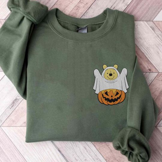 Embroidered Pooh Bear Boo Ghost Halloween Pumpkin Sweatshirt, Embroidery Winnie The Pooh Shirt, Spooky Season, Disneyland Halloween Party
