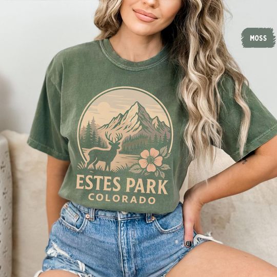 Discover Estes Park Colorado Shirt - Elk & Mountain Graphic, Rocky Mountain National Park Souvenir, Retro Vintage, Comfort Colors 1717 Unisex Tee