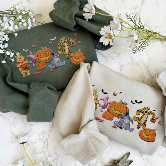 Discover Embroidered Disney Winnie The Pooh Pumpkin Halloween Sweatshirt, Pooh And Friends Embroidery Shirt, Disneyland Halloween, Spooky Disney Gift