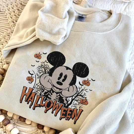Embroidered Mickey Mouse Skeleton Halloween Sweatshirt, Disney Mickey Pumpkin Sweater, Disneyland Halloween Trip 2024, Spooky Disney Shirt