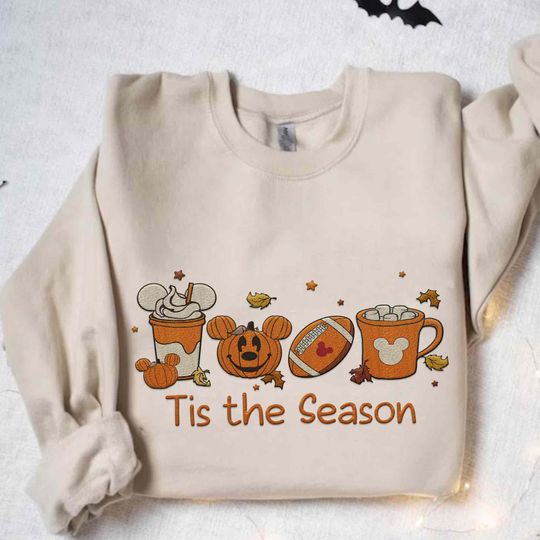 Discover Embroidered Tis The Season Sweatshirt, Embroidery Mickey Ears Halloween Shirt, Fall Pumpkin Coffee Latte Shirt, Disney Thanksgiving Shirt