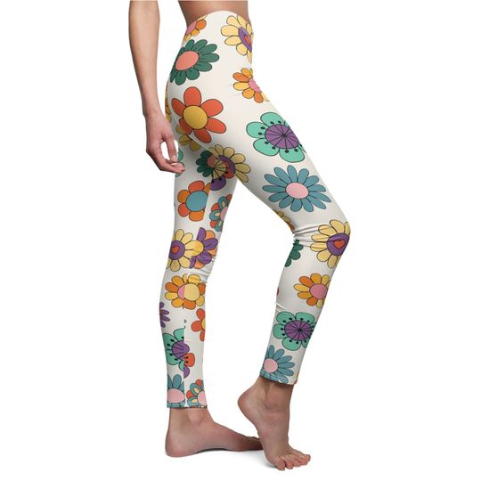 Discover Retro Groovy Butterfly Flower Leggings in Cream