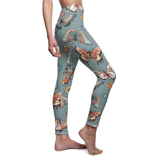 Discover Retro Groovy Butterfly Flower Leggings in Teal