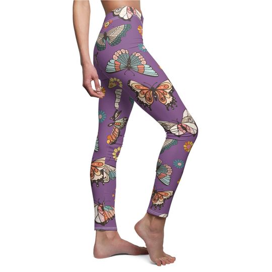 Discover Retro Groovy Butterfly Flower Leggings in Purple