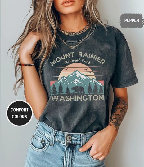 Discover Retro Mount Rainier Comfort Colors T-Shirt, Vintage Mountain Shirt, Unisex Tee, Nature Lover Gift, Outdoor Adventure Apparel