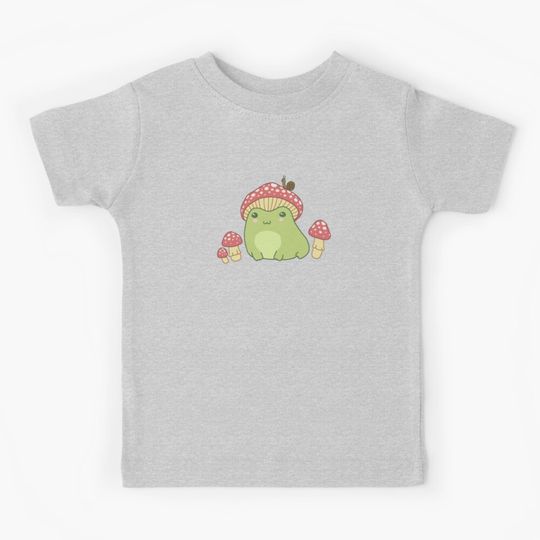 Discover Kawaii Frog with Mushroom Hat: Cottagecore Aesthetic, Toadstool and Snail Companion, Perfect for Frogge Lovers Kids T-Shirt