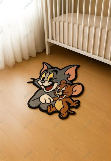 5x8Handmade Tom and Jerry Wool Rug: Kids Playroom Cartoon Carpet Gift For Tom Fan