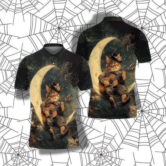 Cat Playing Guitar Polo Shirt with Moonlight Night Sky Graphic