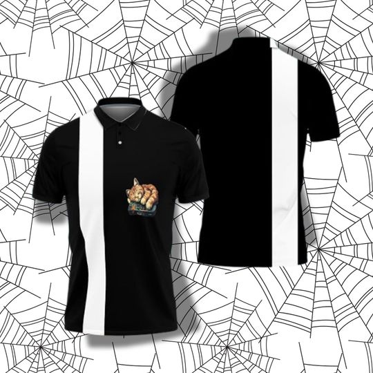 Discover Cat Gamer Polo Shirt Black and White Stripe Casual Graphic Tee