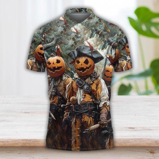 Halloween Pumpkin Pirate Polo Shirt 3D Print Spooky Pirate Costume Top