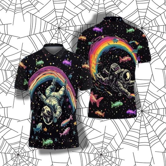 Discover Astronaut Cat Polo Shirt with Rainbow Space Fish 3D Galaxy Graphic