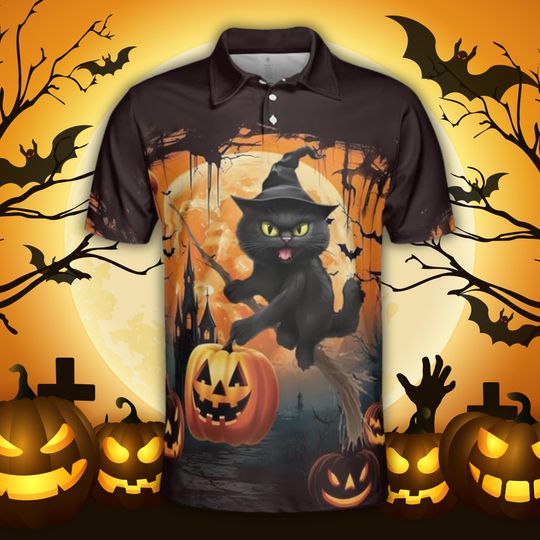 Discover Halloween Black Cat Polo Shirt with Witch Hat and Pumpkin 3D Design