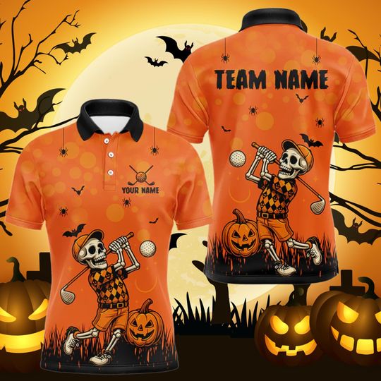 Halloween Skeleton Pumpkin Golf Polo Shirt