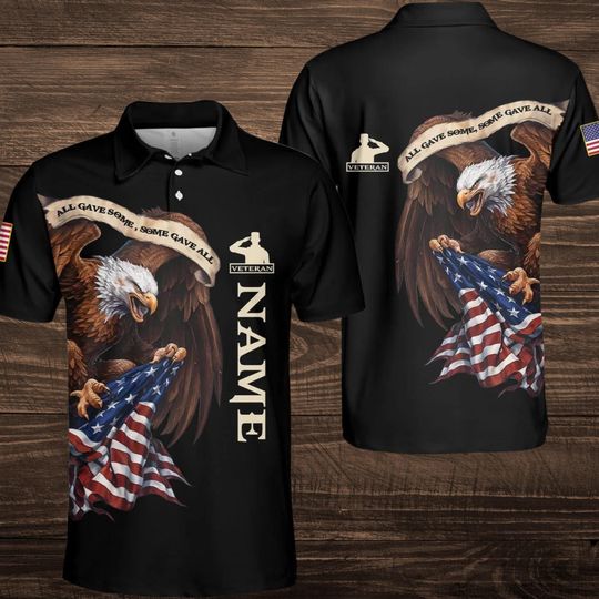 Custom Veteran Polo Shirt with Bald Eagle and American Flag