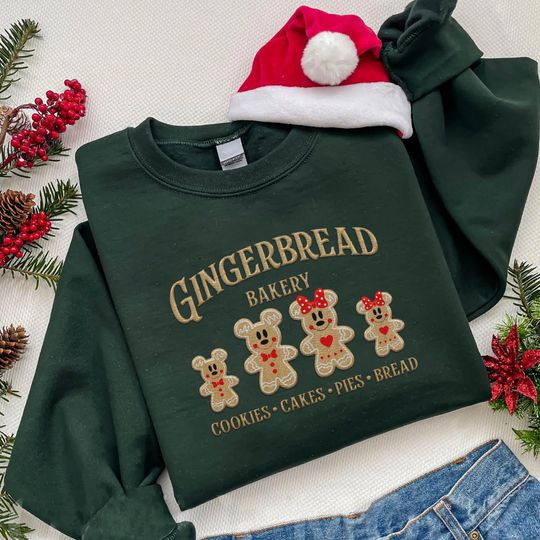 Discover Embroidered Mickey Minnie Gingerbread Bakery Cookies Cakes Sweatshirt, Disney Christmas Holiday Embroidery Shirt, Mickey's Very Merry Xmas