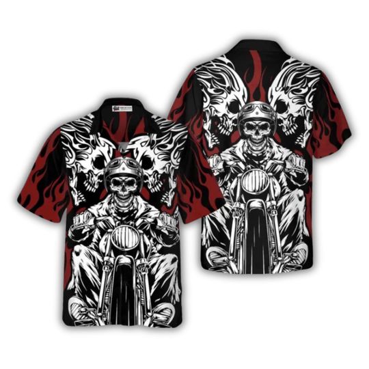 Skull Biker Hawaiian Shirt with Flame Print, Aloha Camp Collar