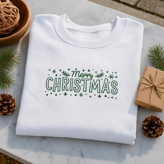 Discover Merry Christmas Embroidered Shirt | Holiday Sweatshirt, Hoodie, T-Shirt | Festive Xmas Outfit, Winter Gift for Men Women Family